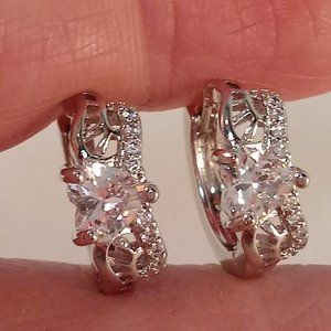 18K White Gold Filled Heart Diamond Zircon Carved Hoop Huggie Earrings .74ctw ea